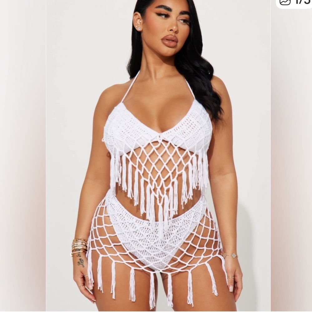 Fashion Nova White Knitted Fringe Bikini